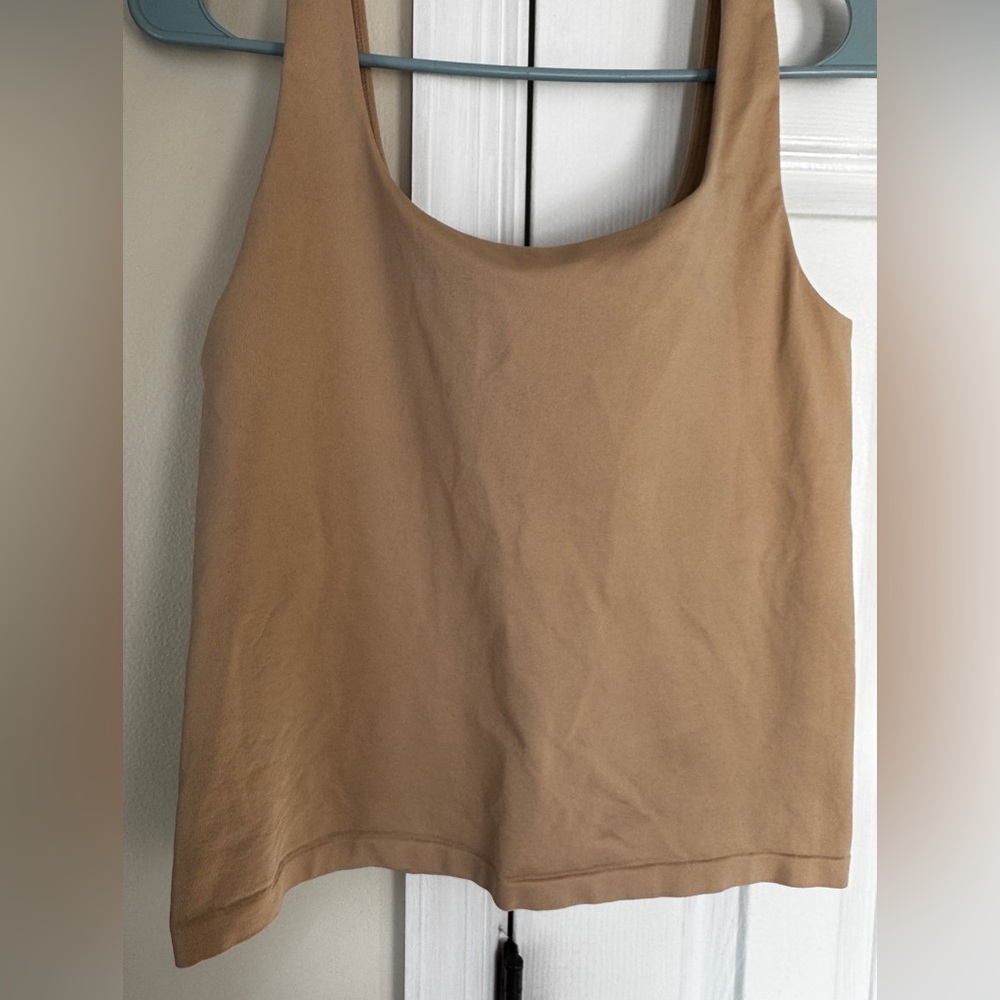 Avec Les Filles Fitted Crop Tank Top or Cami with Built-in Bra, Tan, L/XL